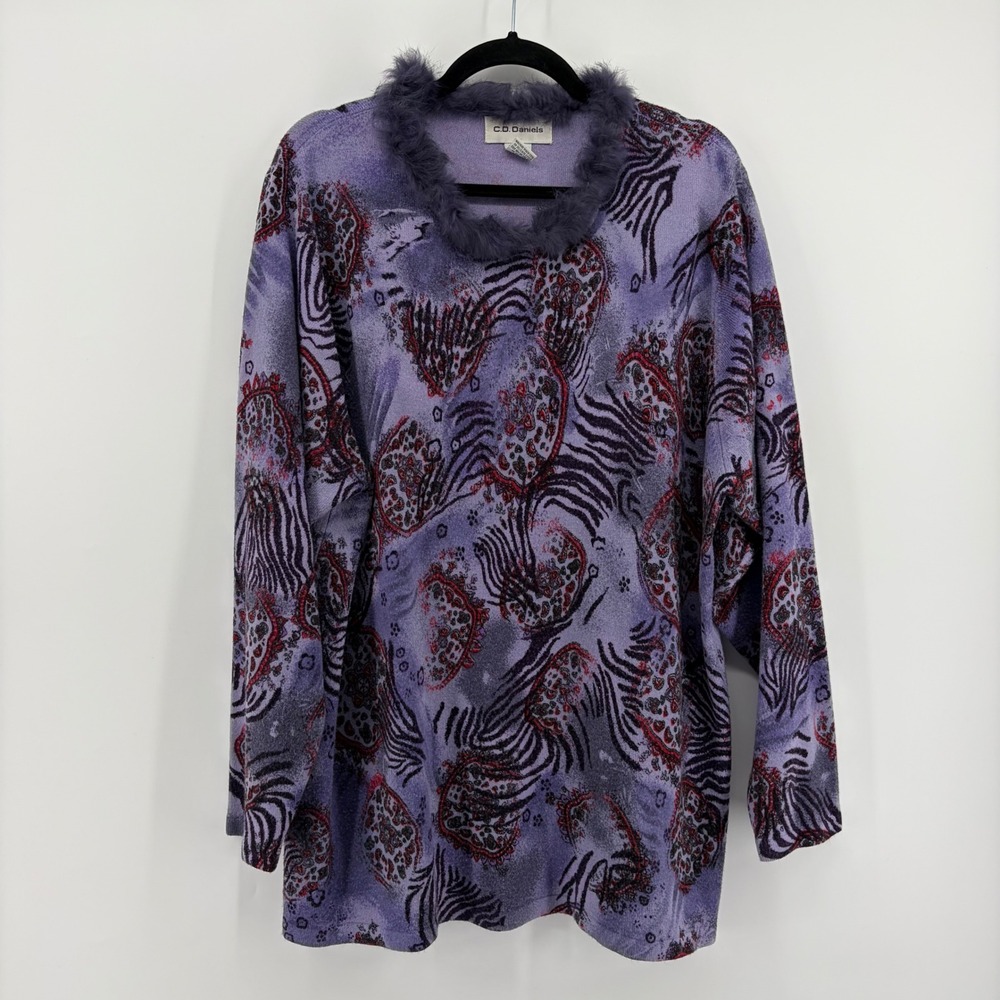 CD Daniels Purple Paisley Zebra Print Fur Trim Mock‎ Neck Long Sleeve Sweater 3X
